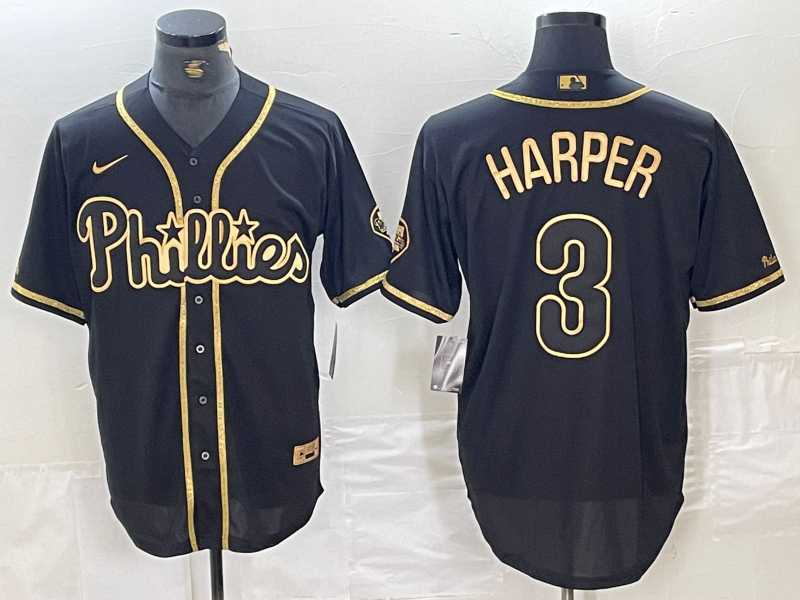 Men%27s Philadelphia Phillies #3 Bryce Harper Black Gold Cool Base Stitched Baseball Jersey